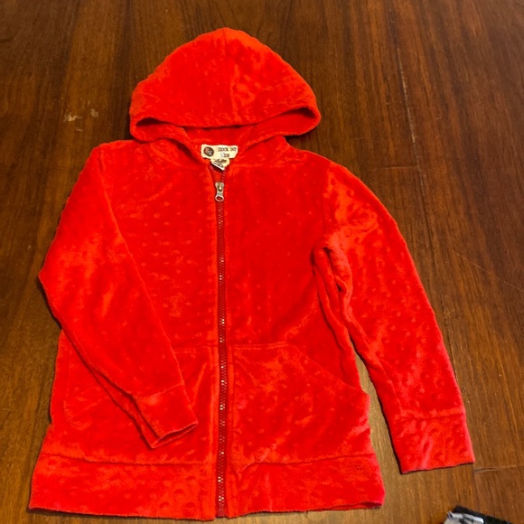 Girls red jacket size 5 smock dot kids brand zipper front pockets hood very soft - Picture 2 of 13